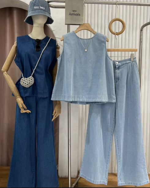 Sleeveless Denim Casual Top With Wide Leg Trousers Co-Ord Sets